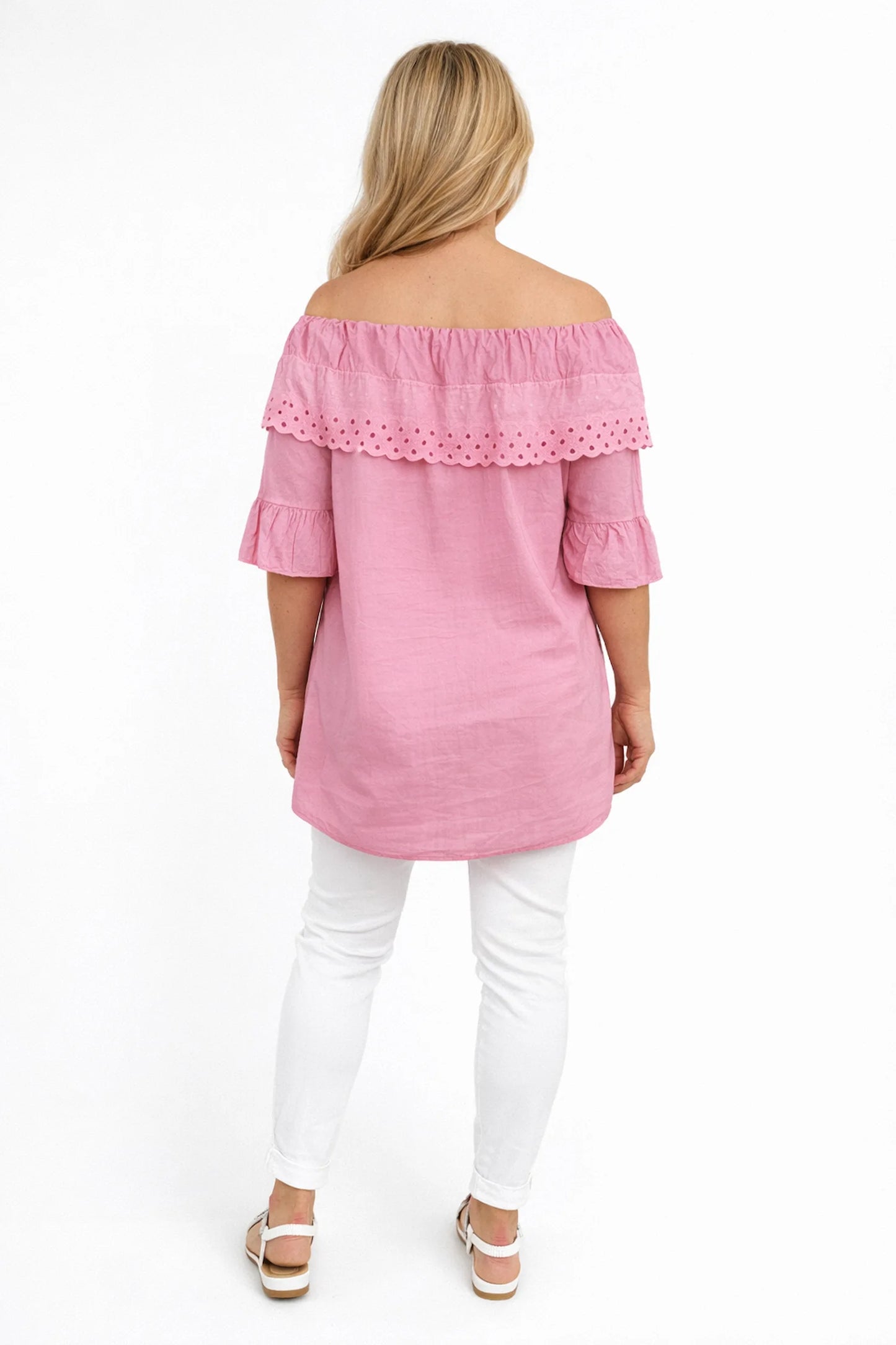 Pure Cotton Frill Sleeve Elasticated Neck Embroidery Anglaise Lumière Bardot Top - Lipstick Pink