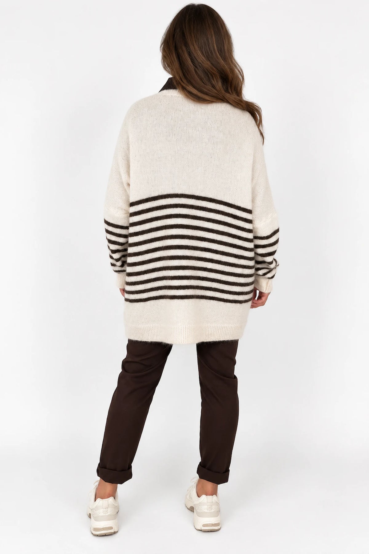 Wool Mix Perla Stripe Button Cardigan - Beige