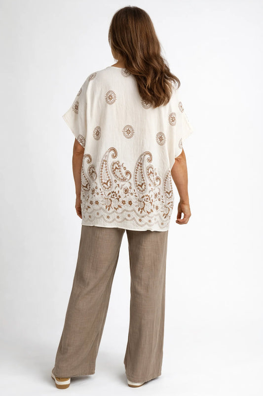 Linen Look Pure Cotton Drawstring Elasticated Waist Double Pocket Lucie Wide Leg Pant - Mocha