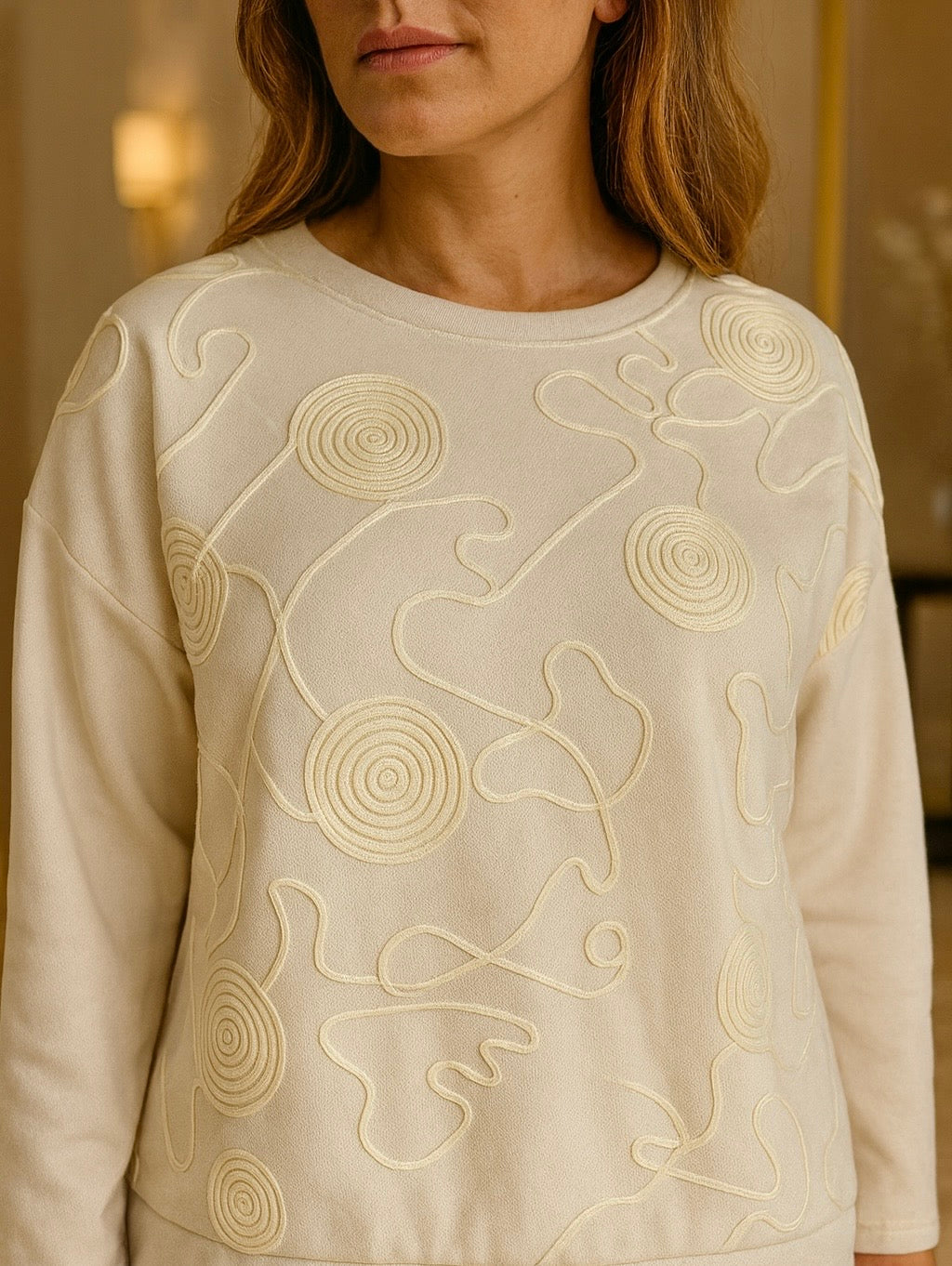 Tie Bottom Embroidered Swirl Detail Dahila Sweatshirt - Beige