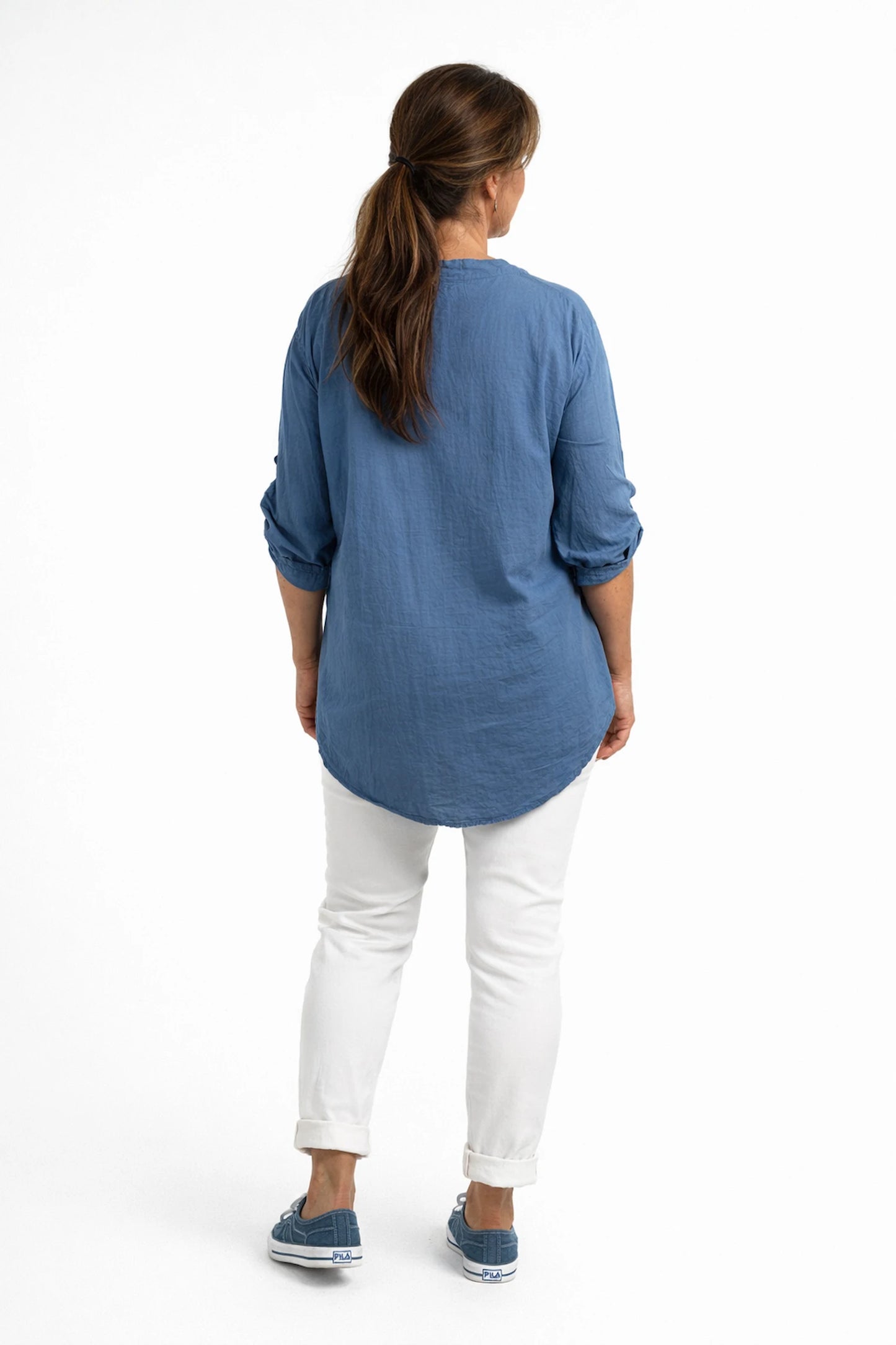 Cotton Mesh Shoulder Embroidery Anglaise Detail Button Sleeve Antonella One Button Shirt - Denim