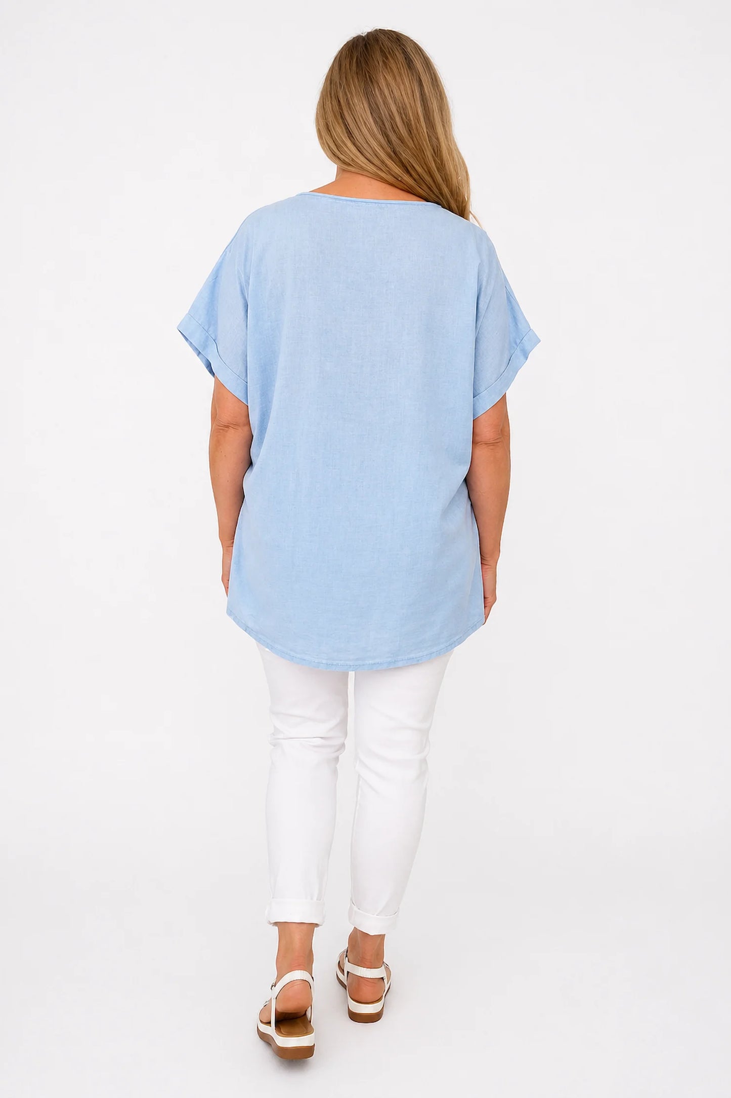 Linen Cotton Mix Diamanté Golden Leaf Carletta Top - Light Denim