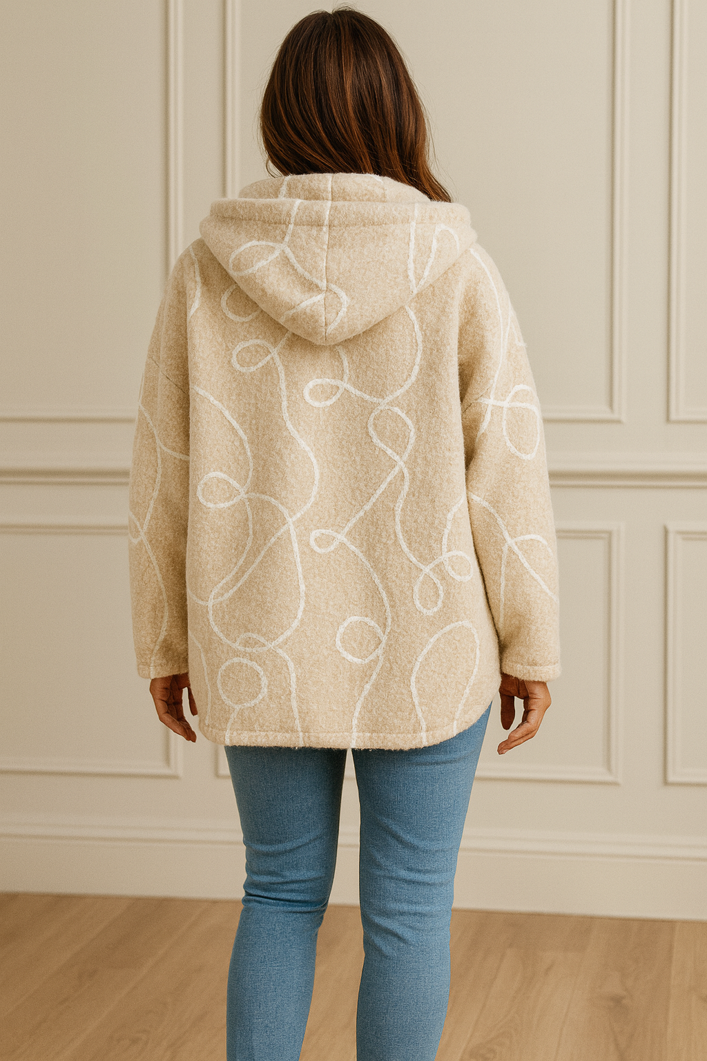 Wool Mix Embroidered Cara Double Pocket Zip Hooded Jacket - Beige