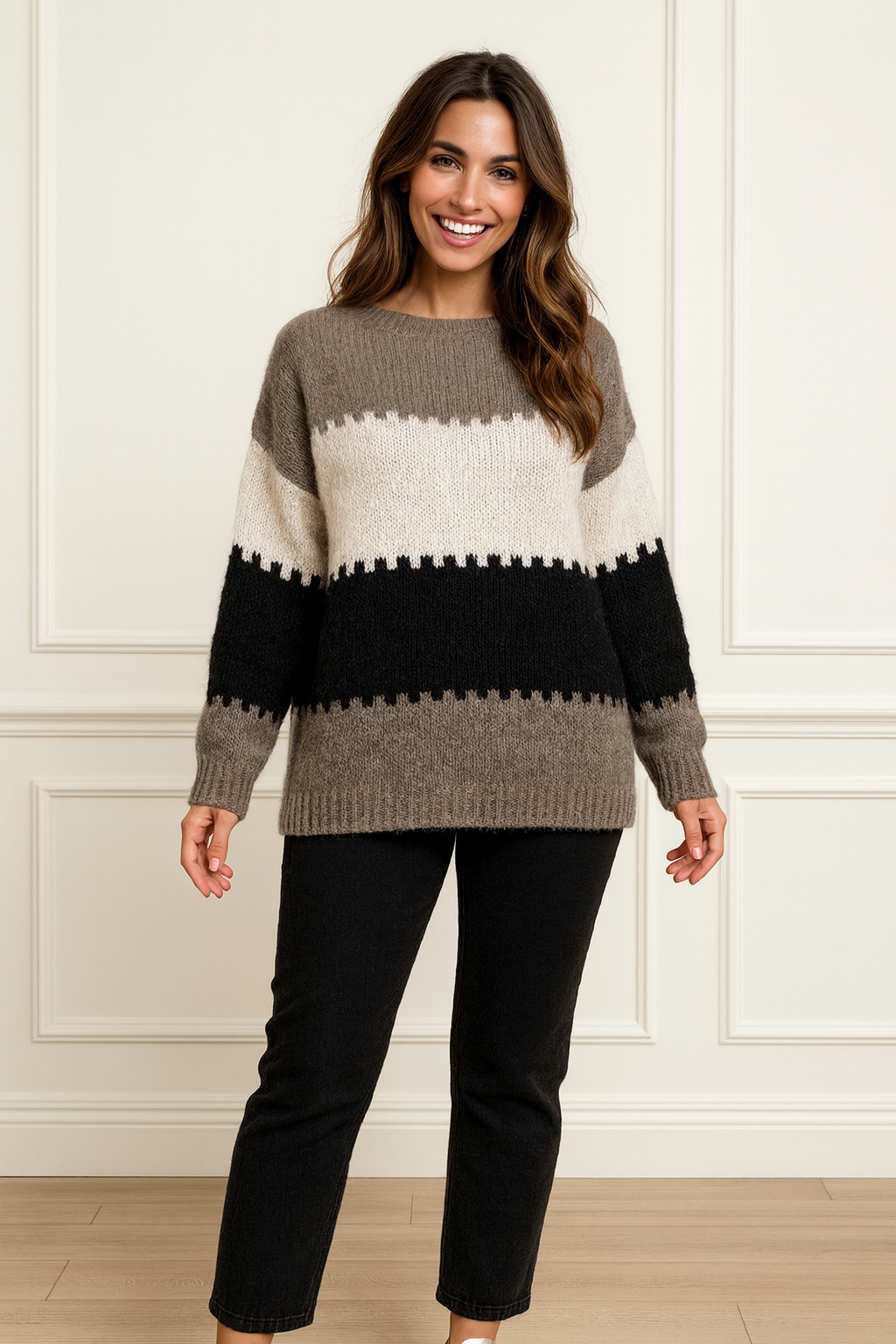 Multi-Tone Sarice Knit Jumper - Mocha/Cream/Black