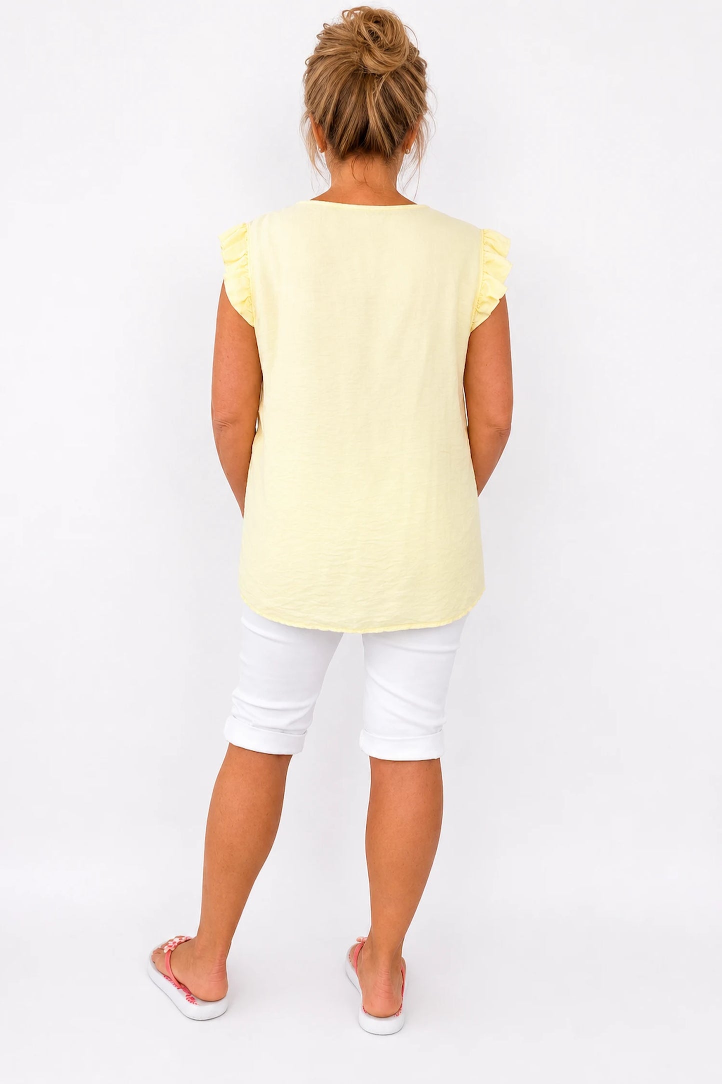Frill Sleeve Embroidered Floral Detail Sienna Cap Sleeve Top - Lemon