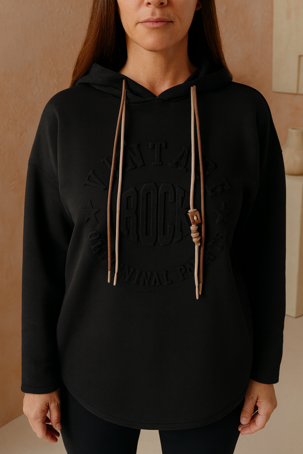 Vintage Embossed Double Drawstring Lightweight Hoodie - Black