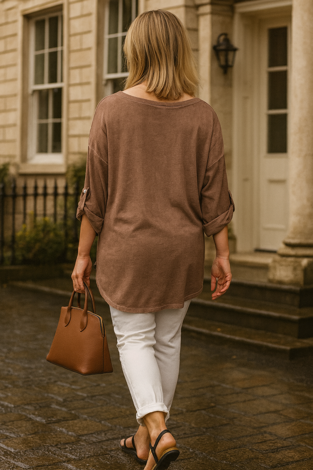 Linen Mix Diamanté Tree Rugged Side Detail Button Sleeve Valentina Top - Cinnamon