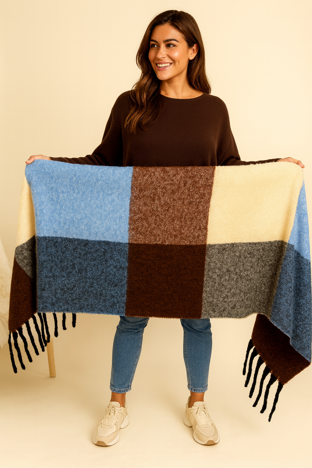 Soft Knit Carli Scarf - Denim/Brown/Cream