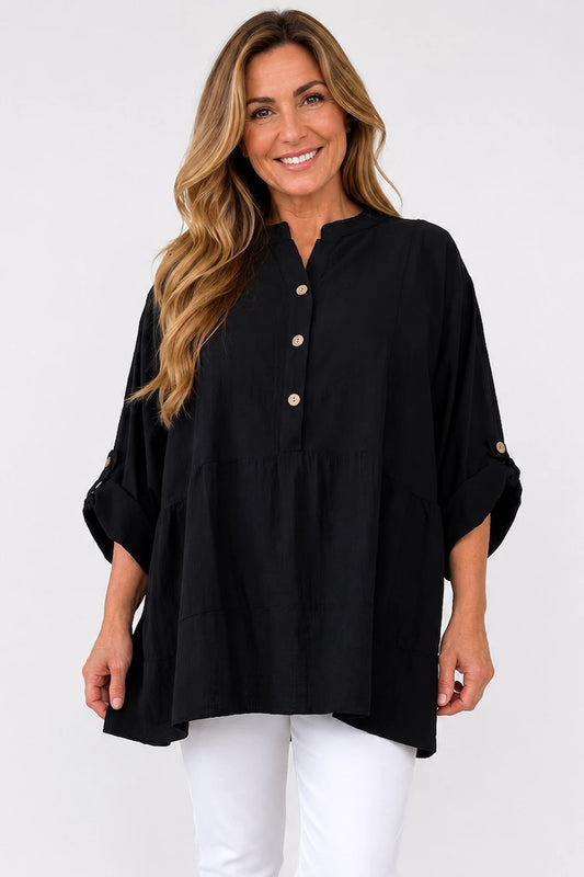 Linen Cotton Blend Button Sleeve Monica Button Shirt - Black