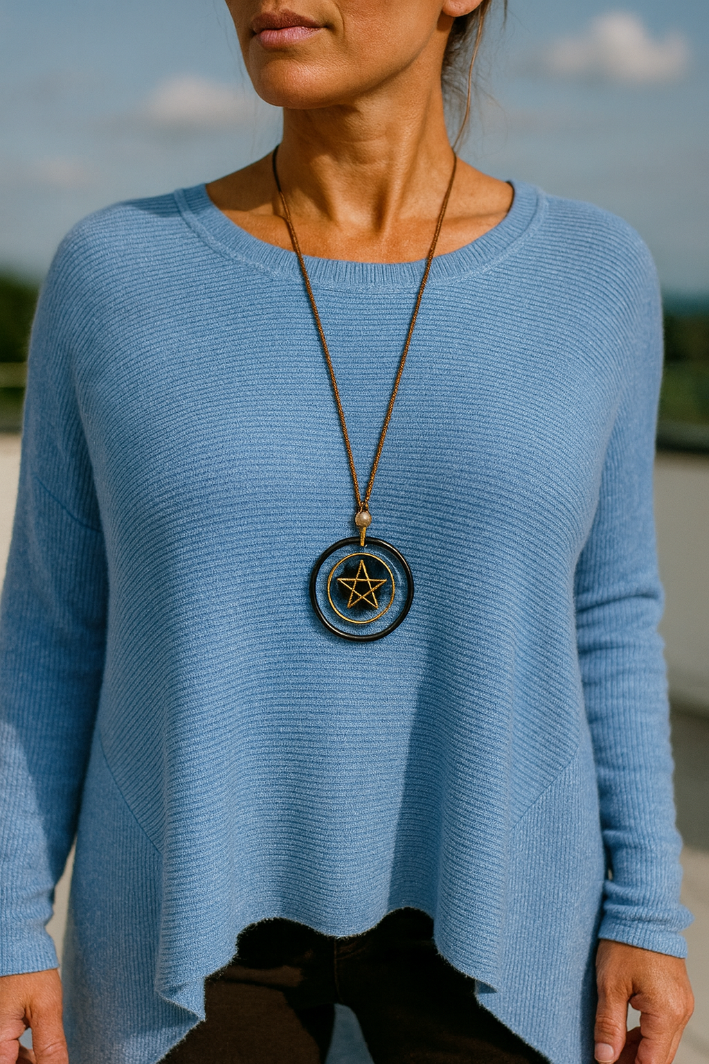Wool Mix Ribbed Knit High Low Amira Necklace Top - Light Denim