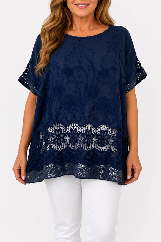 Cotton Crochet Detail Embroidery Anglaise Sequin Hem/Sleeve Selina Top - Navy