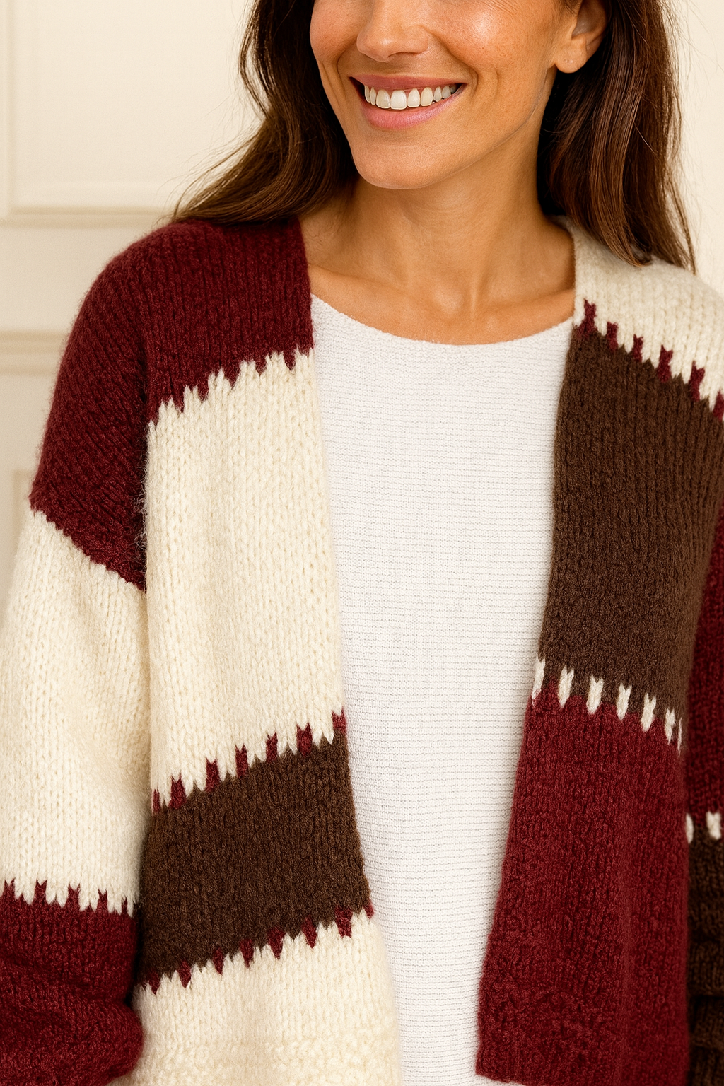 Wool Mix Premium Knit Roxy Cardigan - Chocolate/Wine/Cream
