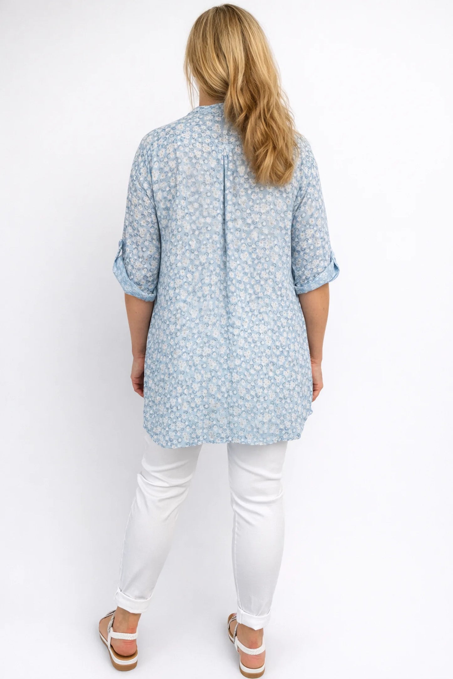 Linen Look Cotton Button Sleeve Daisy Button Shirt - Baby Blue