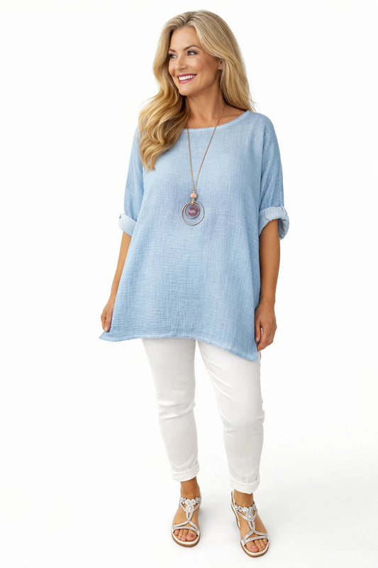 Pure Bubble Cotton Sun Washed Mireille Necklace Top - Sun Washed Light Denim