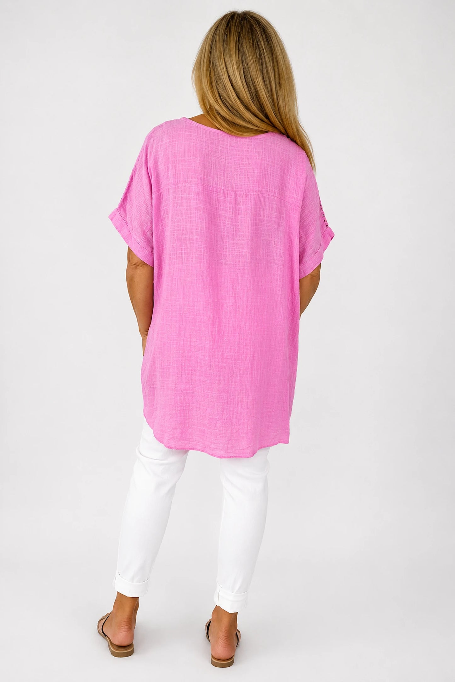 Pure Cotton Embroidered Crochet Sleeve Amira Top - Lipstick Pink