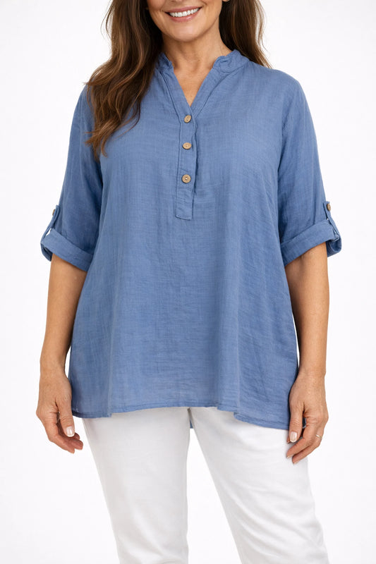 Linen Look Pure Cotton Button Sleeve Diana Button Shirt - Denim