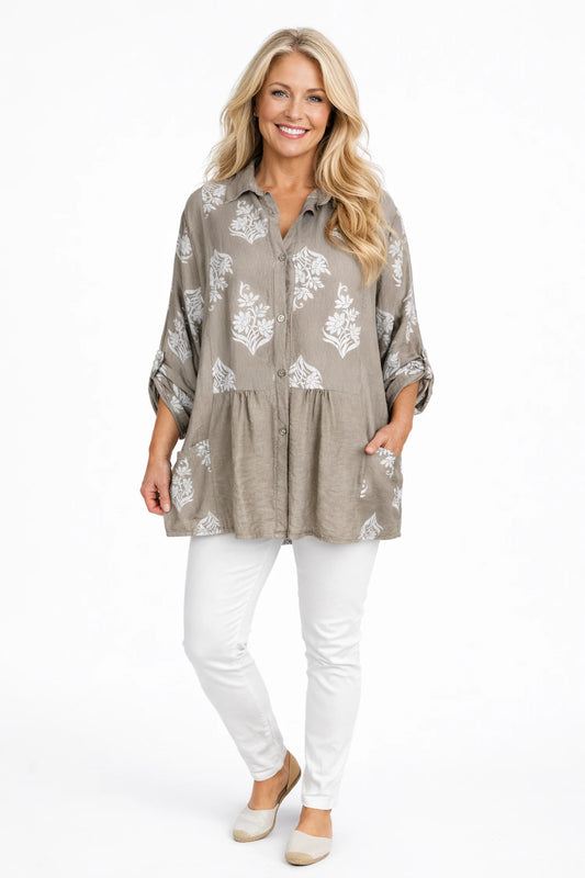 Button Sleeve Floral Double Pocket Chiara Button Shirt - Mocha