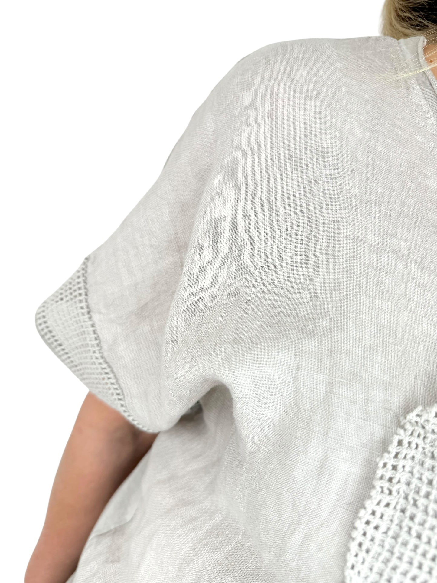 Linen Cotton Mix Sequin Heart Crochet Detail Daphne Top - Stone