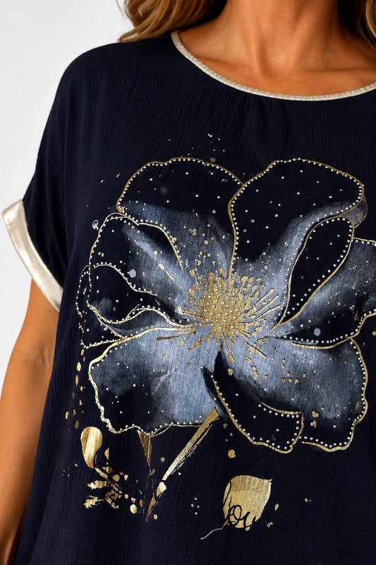 Lightly Textured Golden Diamanté Clover Gold Trim Diana Top - Navy
