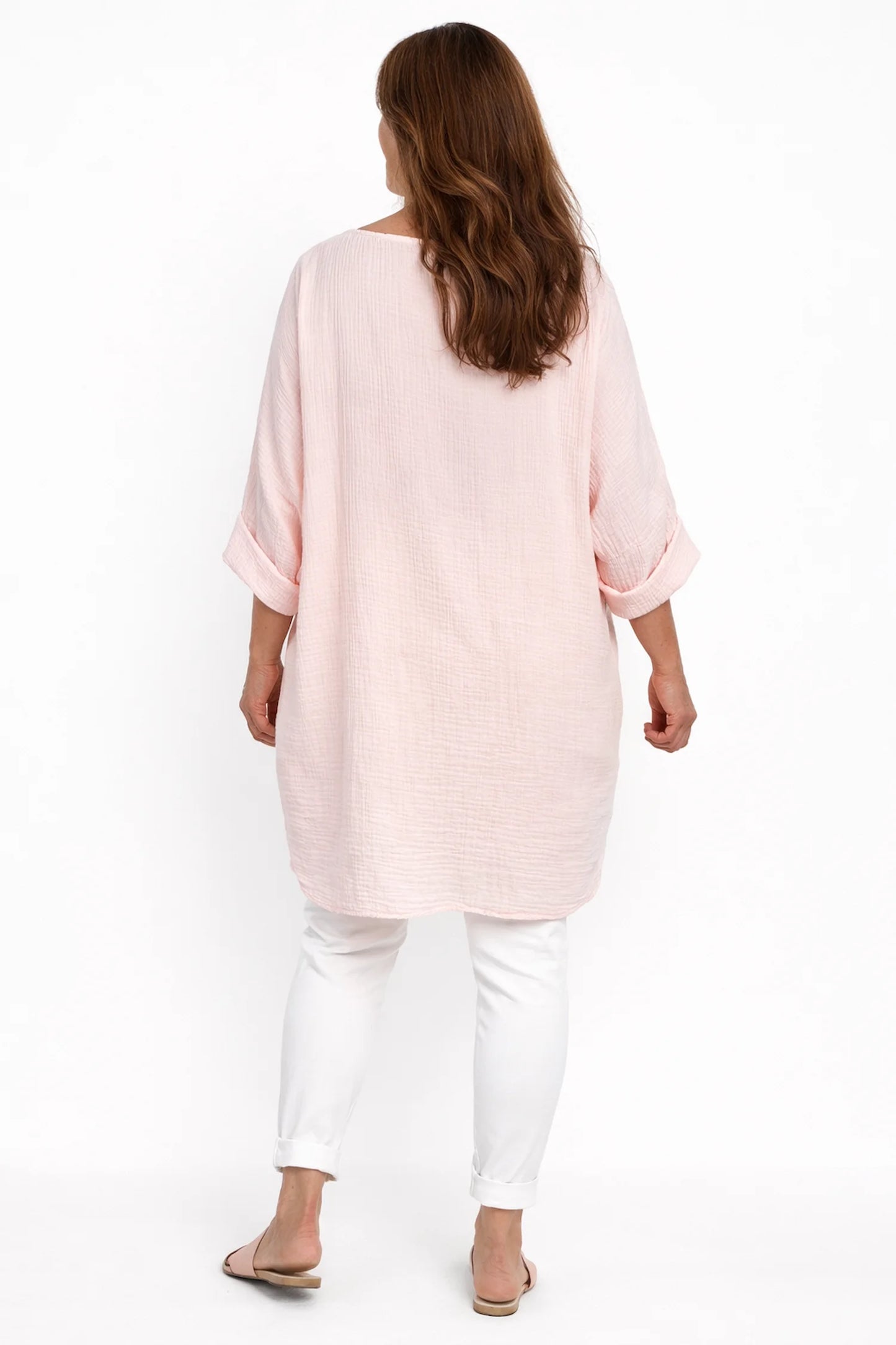 Bubble Cotton Double Button Pocket Tunic Top - Baby Pink