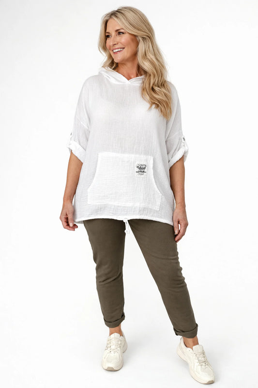 Pure Bubble Cotton Button Sleeve Badge Detail Pocketed Zara Hoodie - White