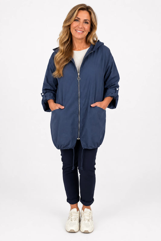 Button Sleeve Double Pocket Drawstring Hem Zipped Emila Hooded Jacket - Navy
