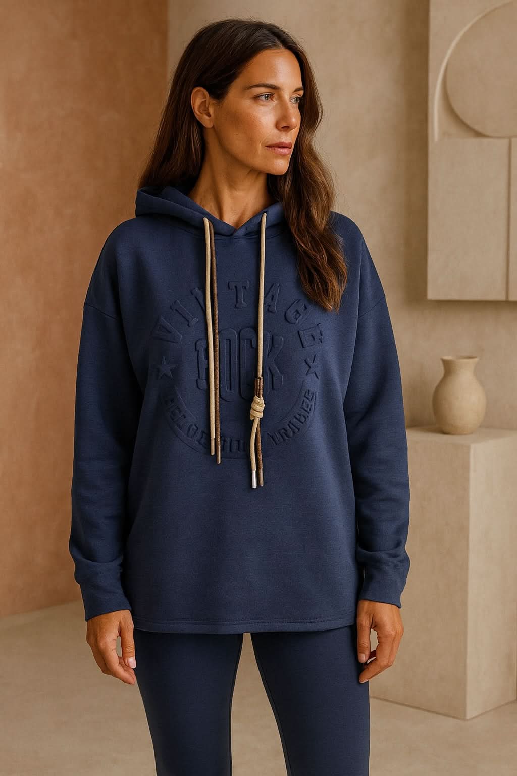 Vintage Embossed Double Drawstring Lightweight Hoodie - Navy