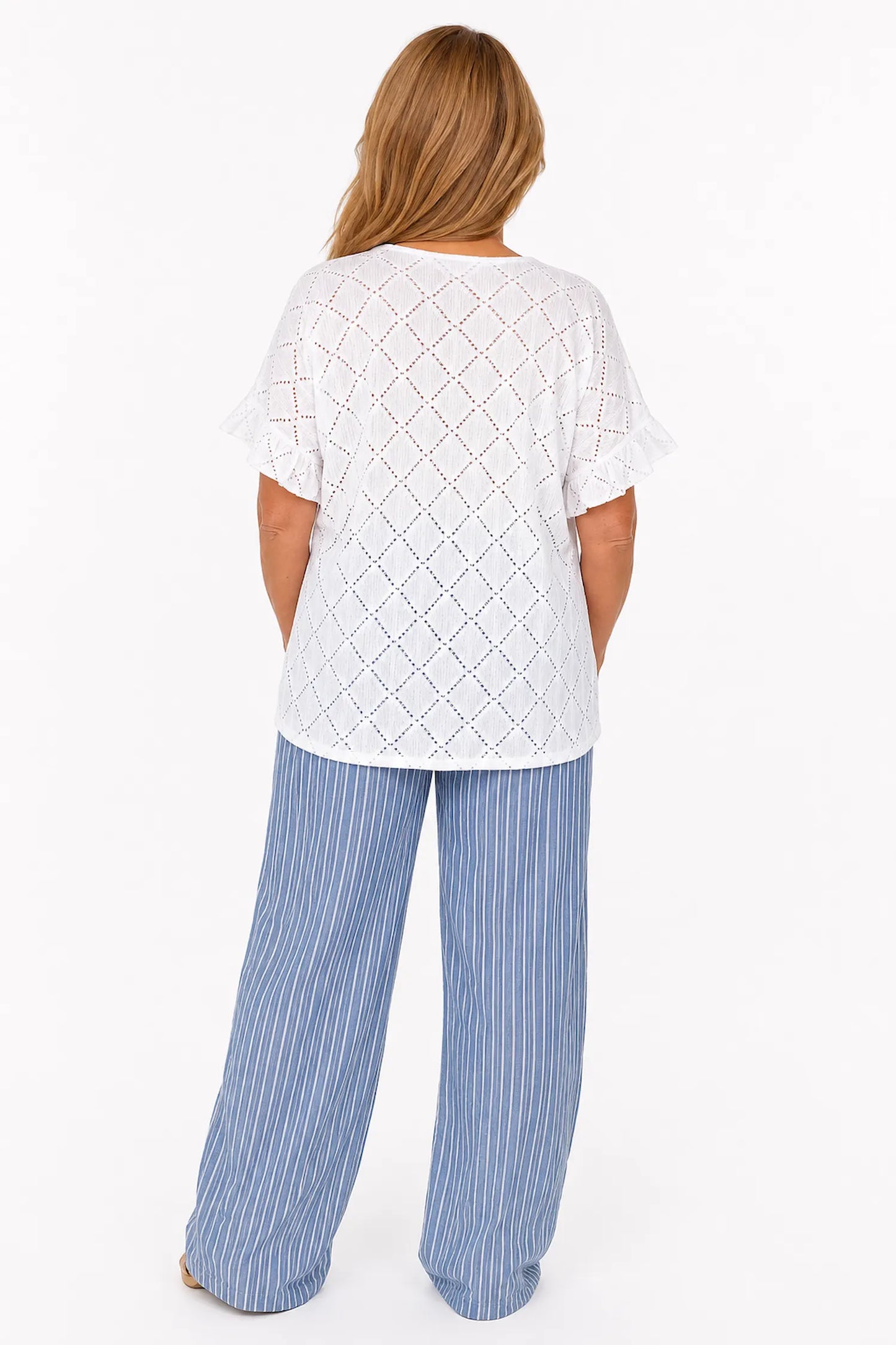 Lightly Textured Frill Sleeve Giana Necklace Top - White