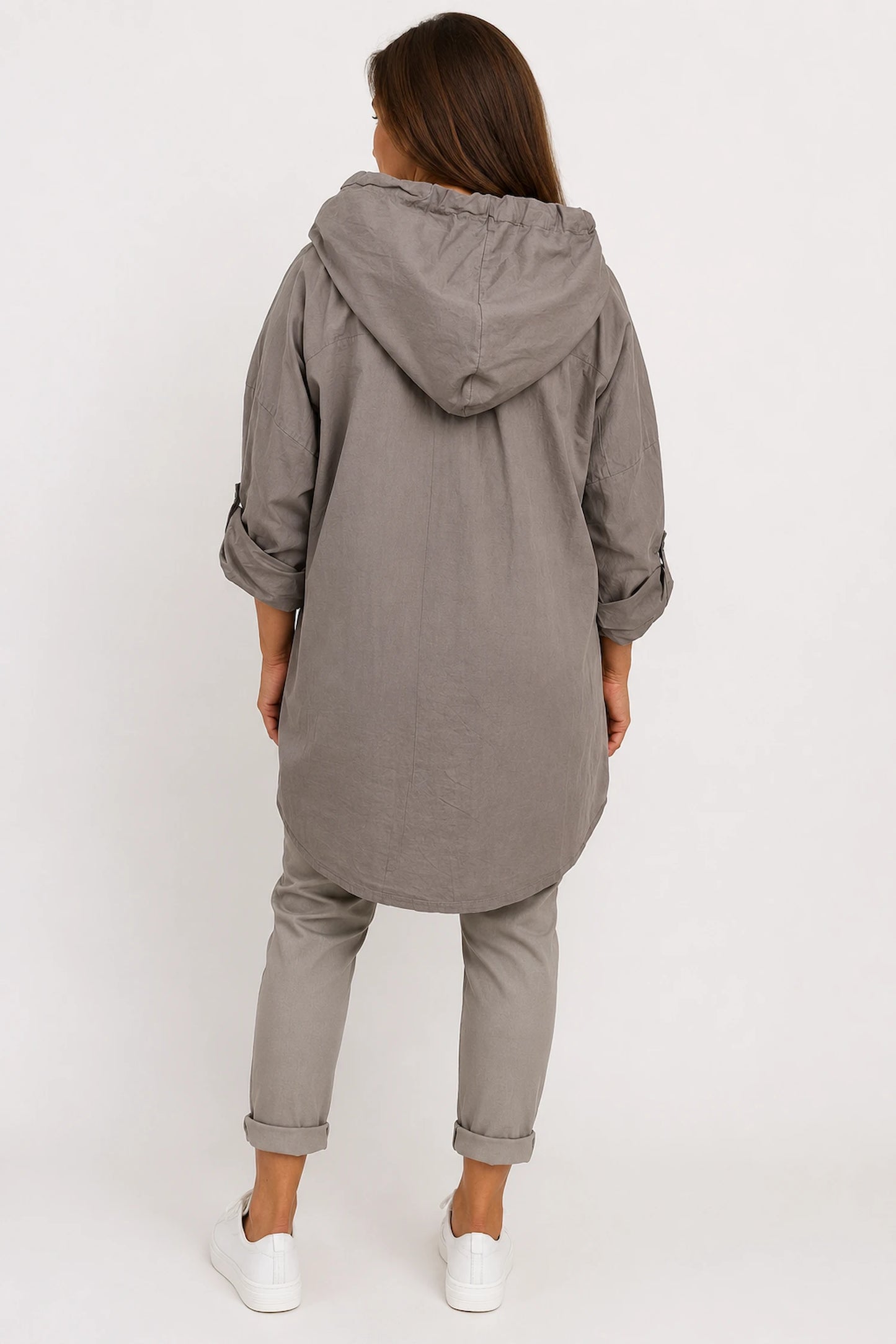 Cotton Double Flap Pocket Button Sleeve Izzy Hooded Overshirt - Mocha