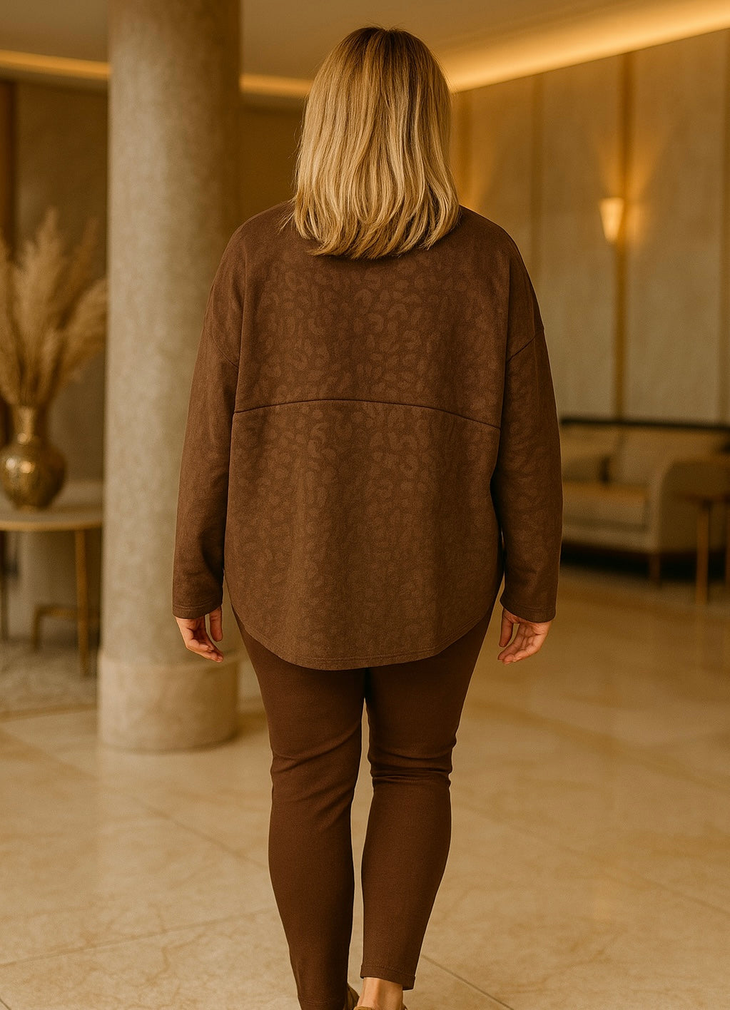 Premium Stitch Embossed Leopard Print Raw Edge Hem Camellia Sweatshirt - Chocolate