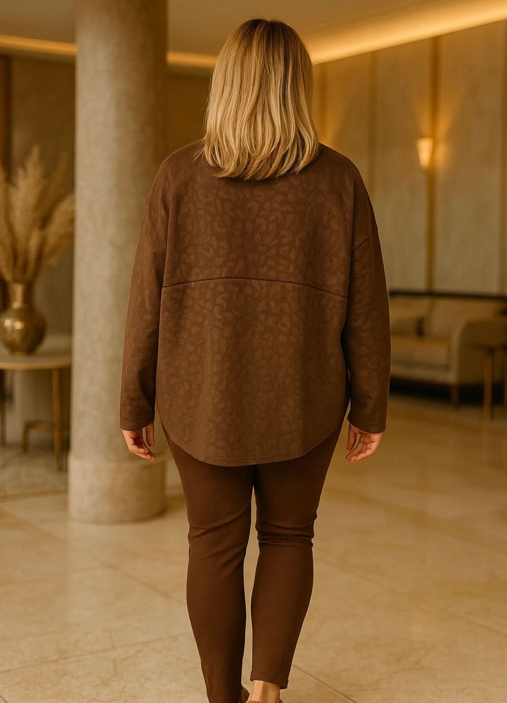 Premium Stitch Embossed Leopard Print Raw Edge Hem Camellia Sweatshirt - Chocolate