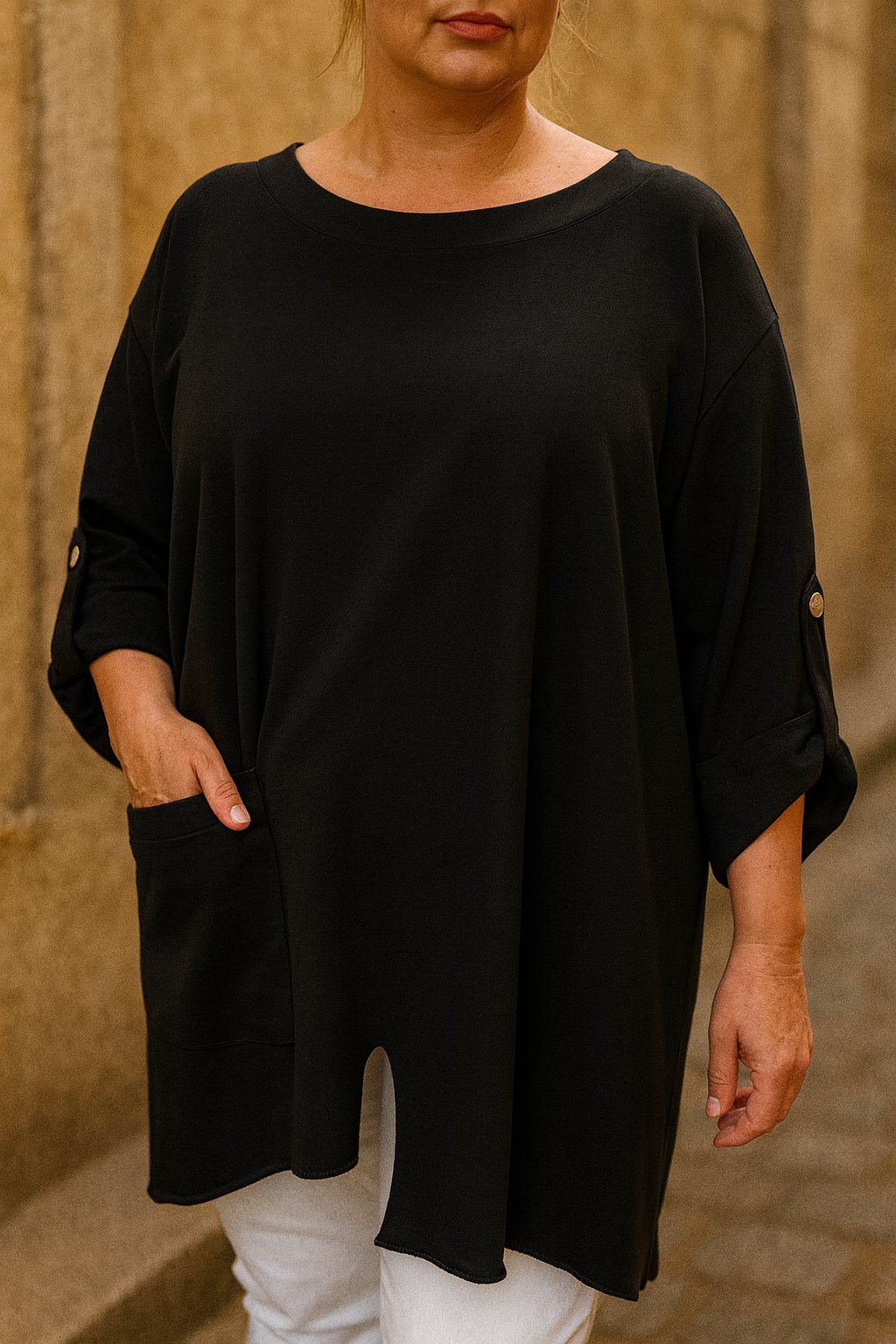 Pure Cotton Pocket Detail Button Sleeve Sari Top - Black