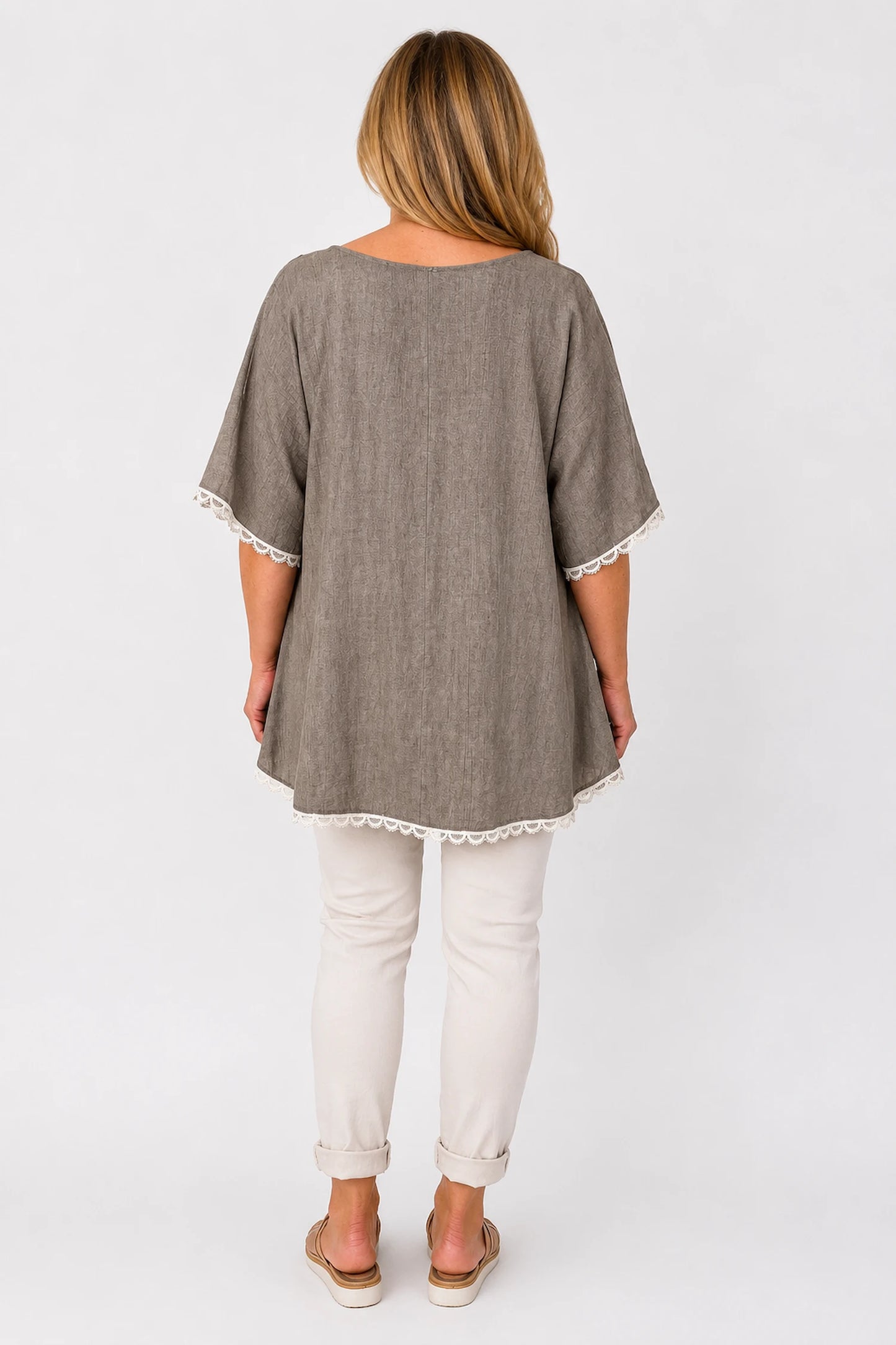 Lightly Textured Lace Trim Victoria Top - Washed Mocha