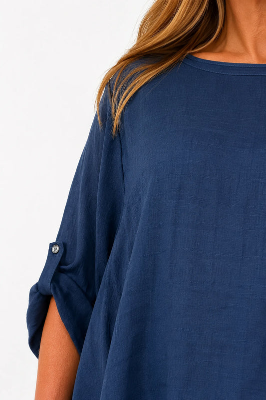 Fully Lined Rosa Button Sleeve Top - Navy