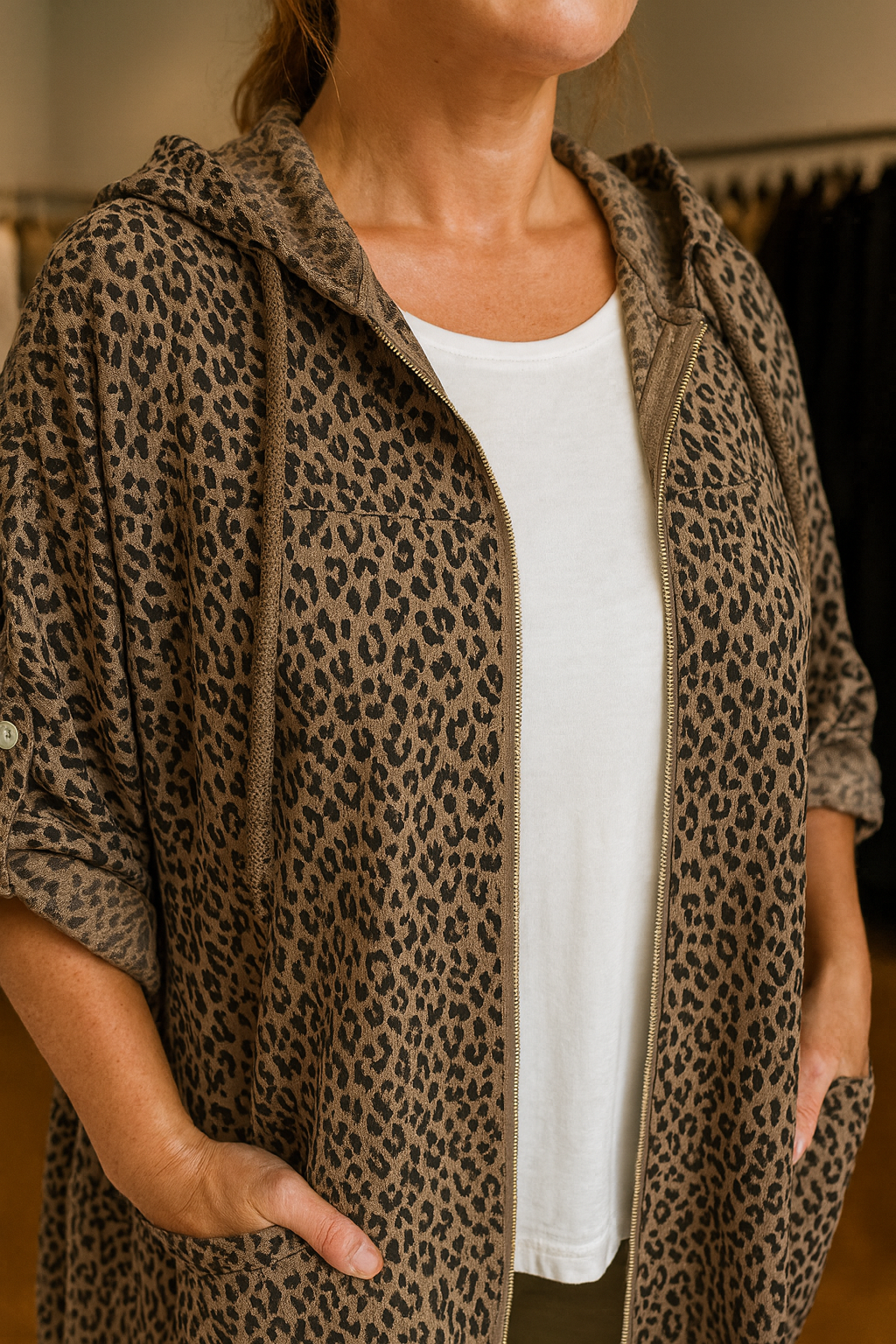 Light Weight Premium Stitch Zipped Button Sleeve Amari Leopard Print Jacket - Mocha