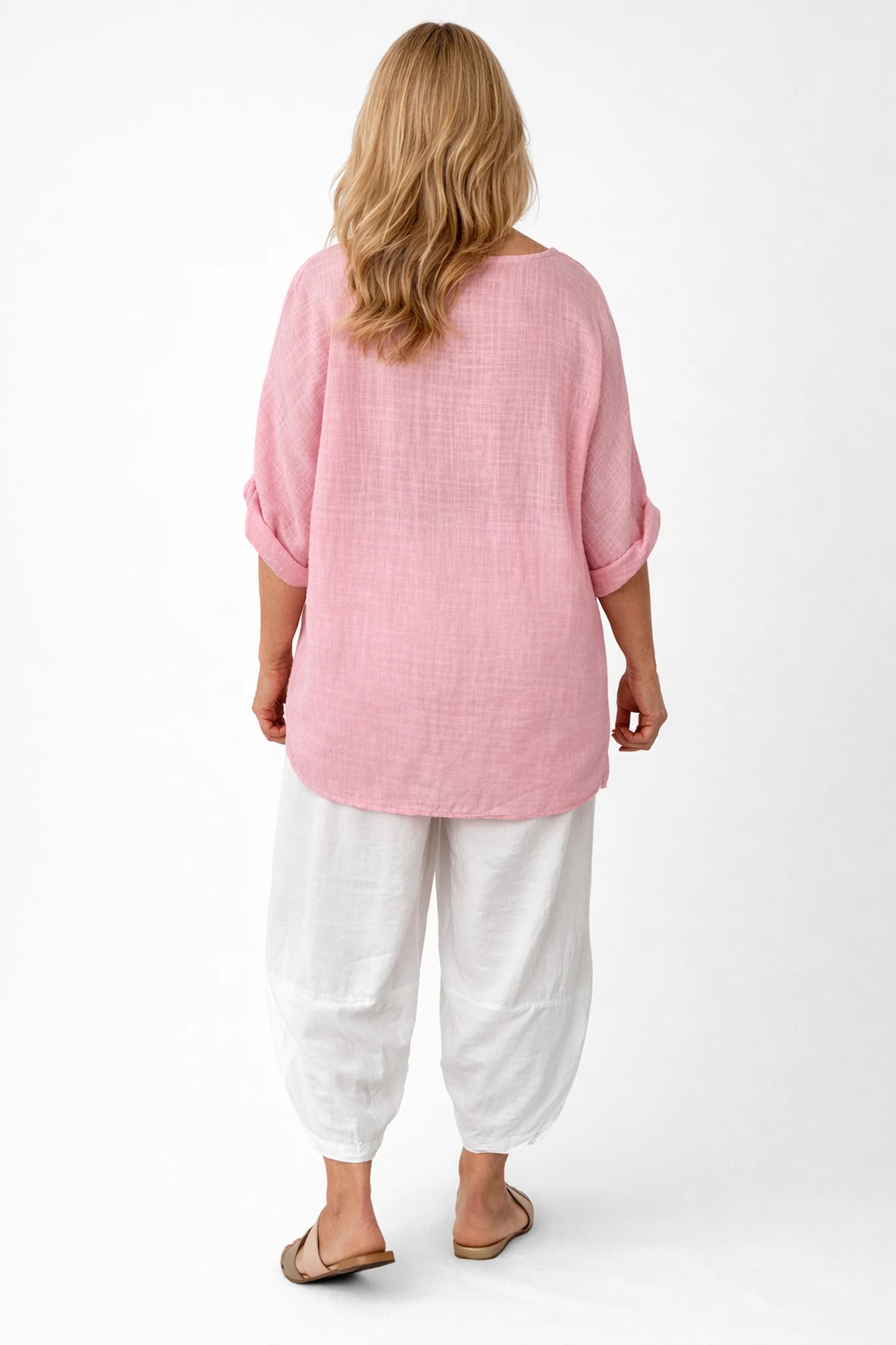 Pure Cotton Linen Look Italia Necklace Top - Baby Pink