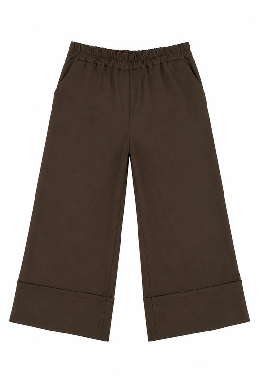 Stretch Wide Leg Capri Double Pocket Cuff Trouser - Chocolate