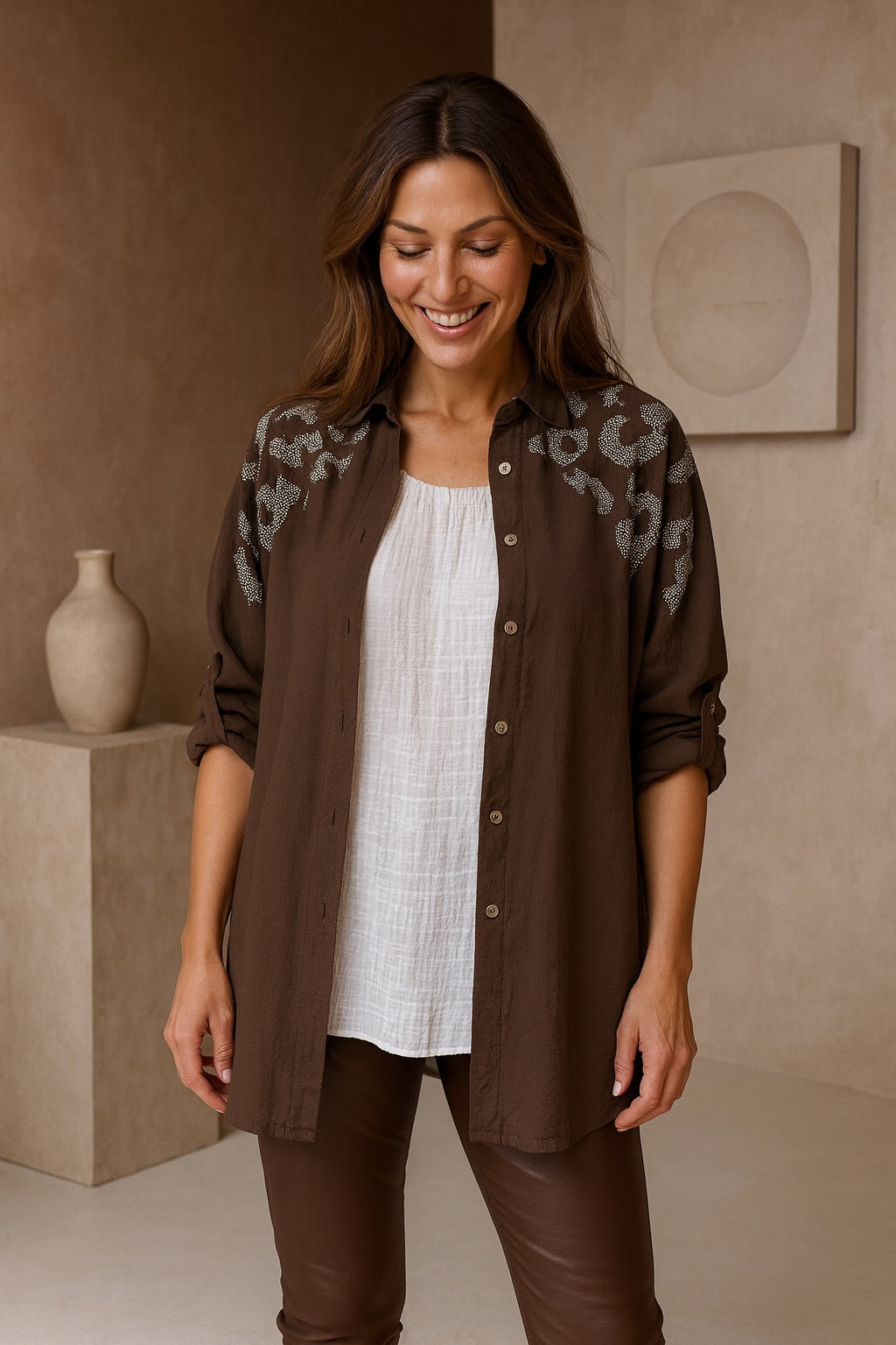 Premium Stitch Diamanté Leopard Celeste Button Sleeve Shirt - Chocolate