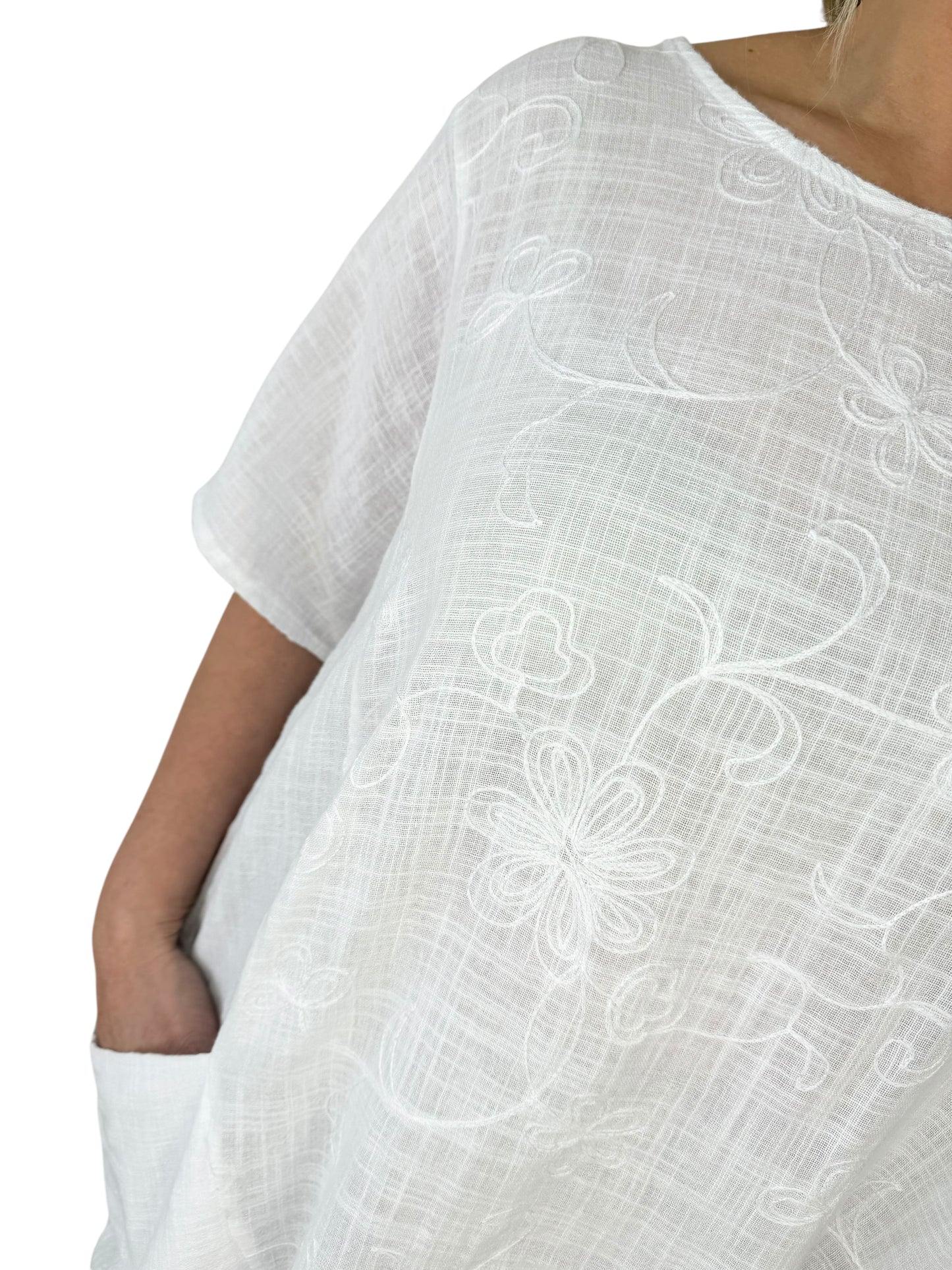 Pure Cotton Embroidery Anglaise Double Pocket Sofia Top - White