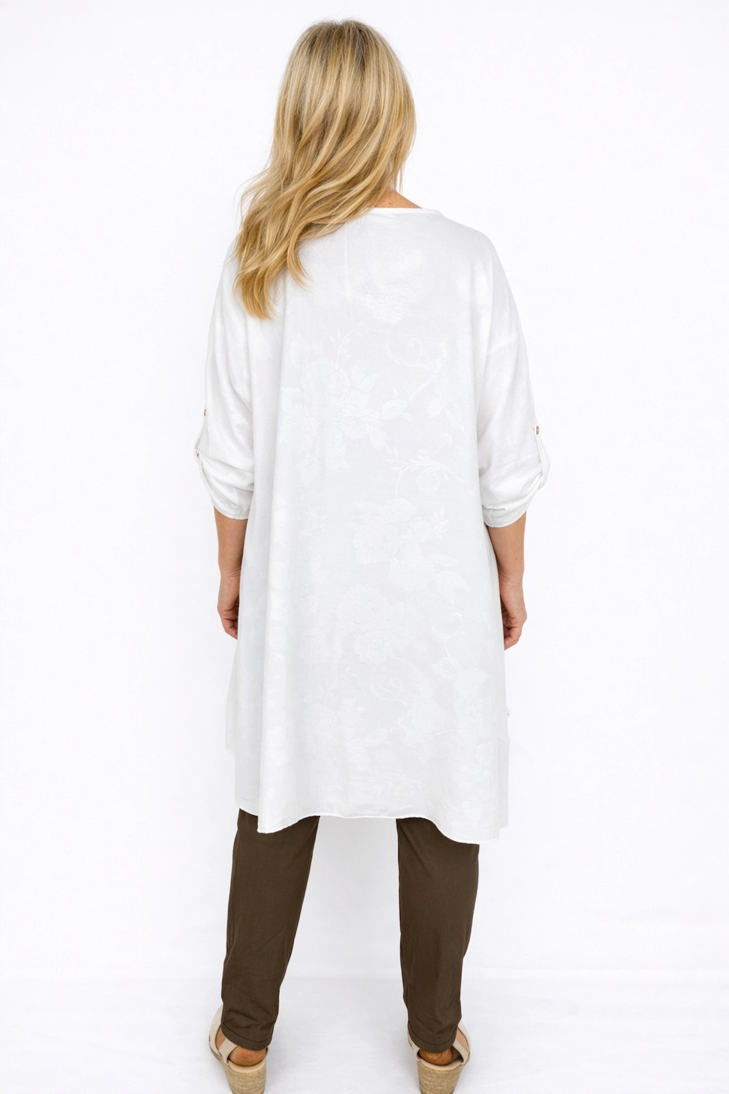 Jacquard Woven Flower Cara Button Sleeve Tunic Top - White