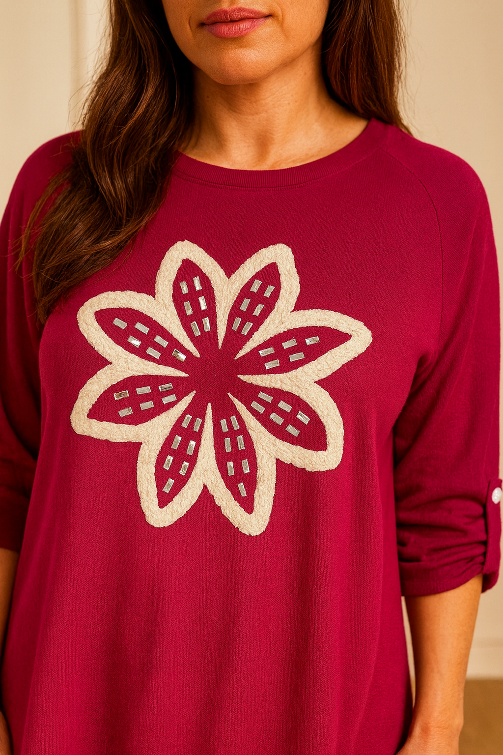 Luxury Knit Button Sleeve Sasia Sparkle Flower Top - Red Wine