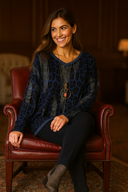 Shimmer Dash Sparkle Neck and Hem Leopard Erika Necklace Top - Frosted Blueberry