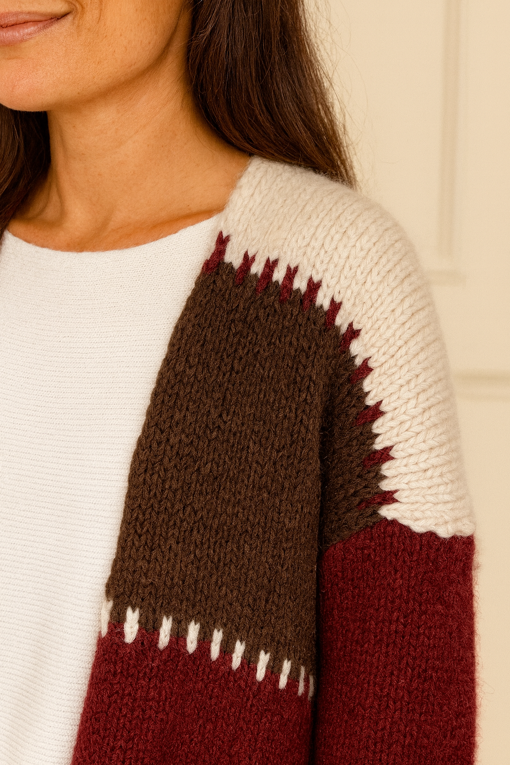 Wool Mix Premium Knit Roxy Cardigan - Chocolate/Wine/Cream