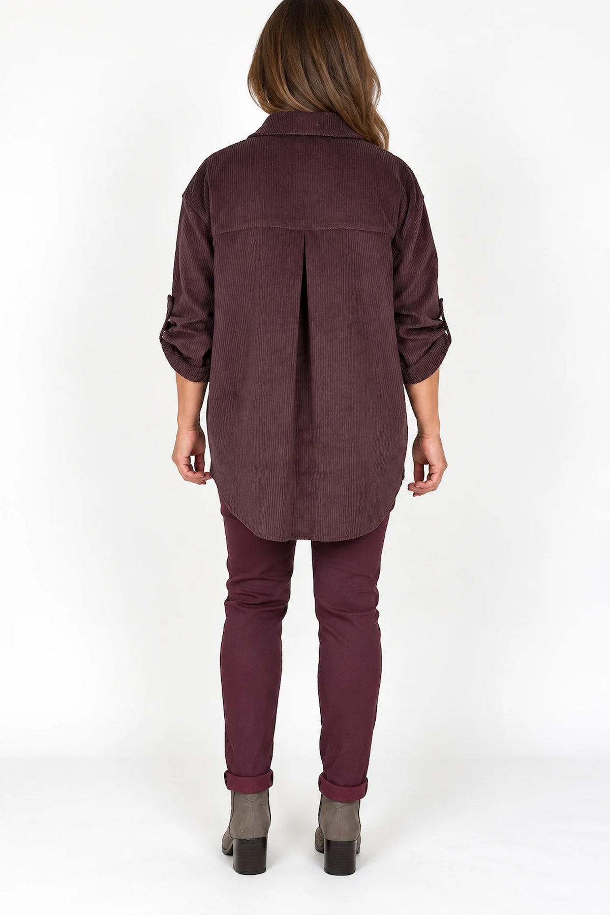Button Sleeve Sicily Cord Button Shirt - Cherry Brown