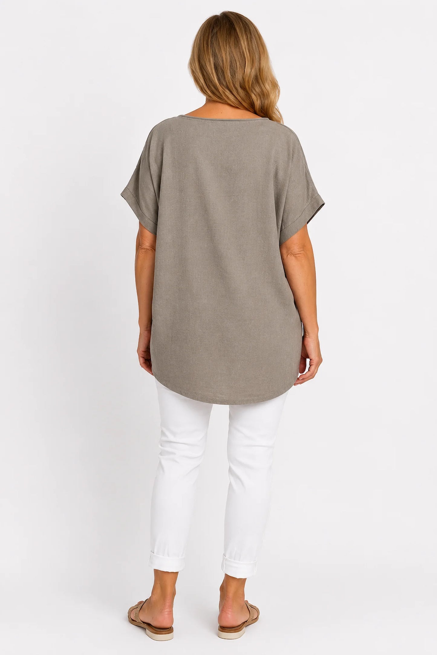 Linen Cotton Mix Diamanté Golden Leaf Carletta Top - Mocha