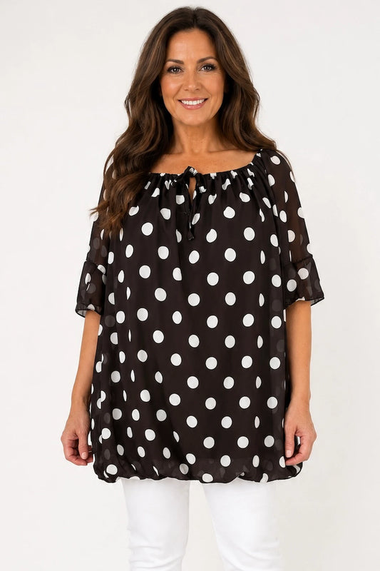 Tied Detail Fully Lined Polka Dot Elasticated Hem Francis Chiffon Top - Dark Chocolate