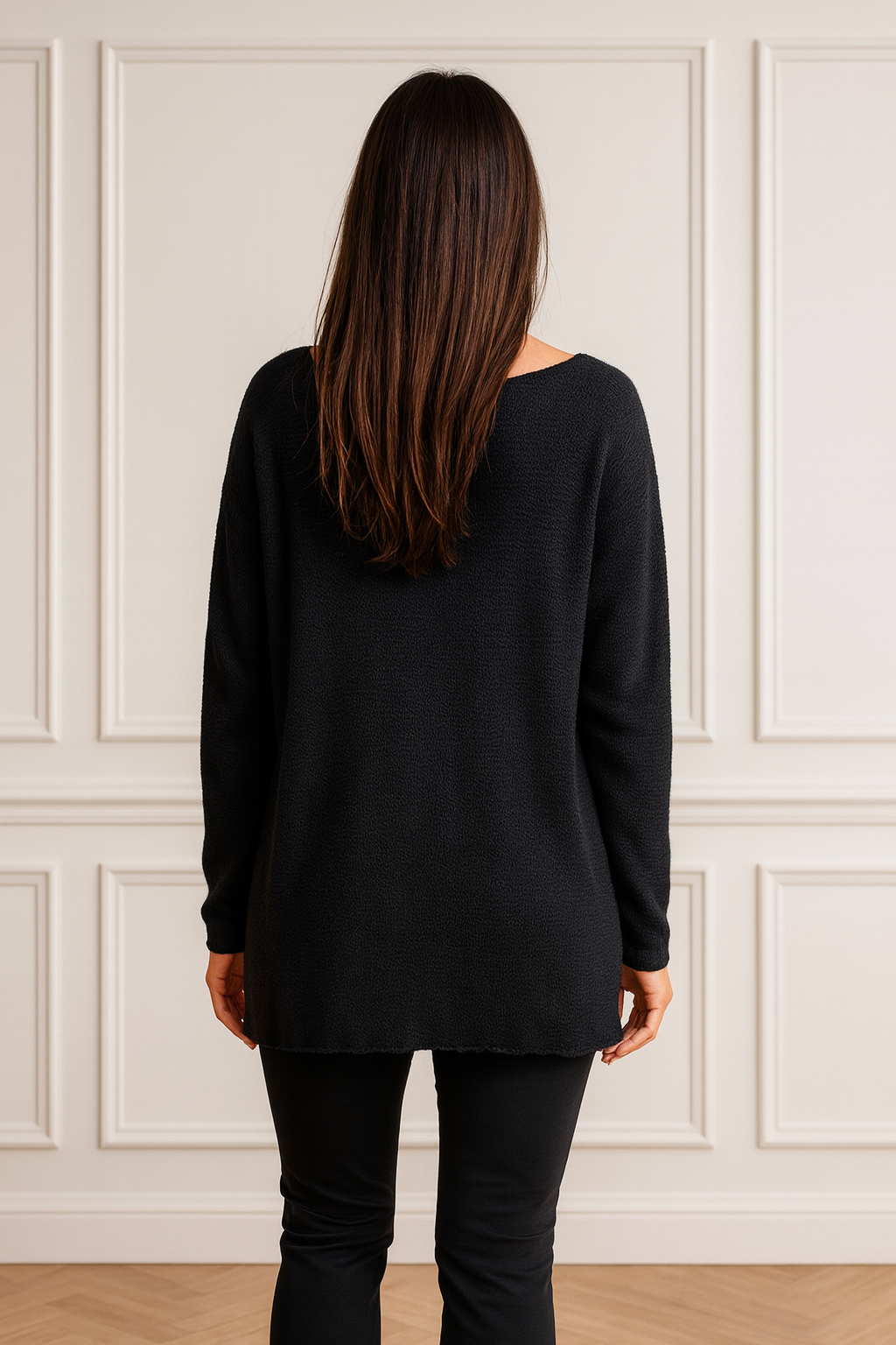 Wool Mix Ribbed Knit Marcela Necklace Top - Black