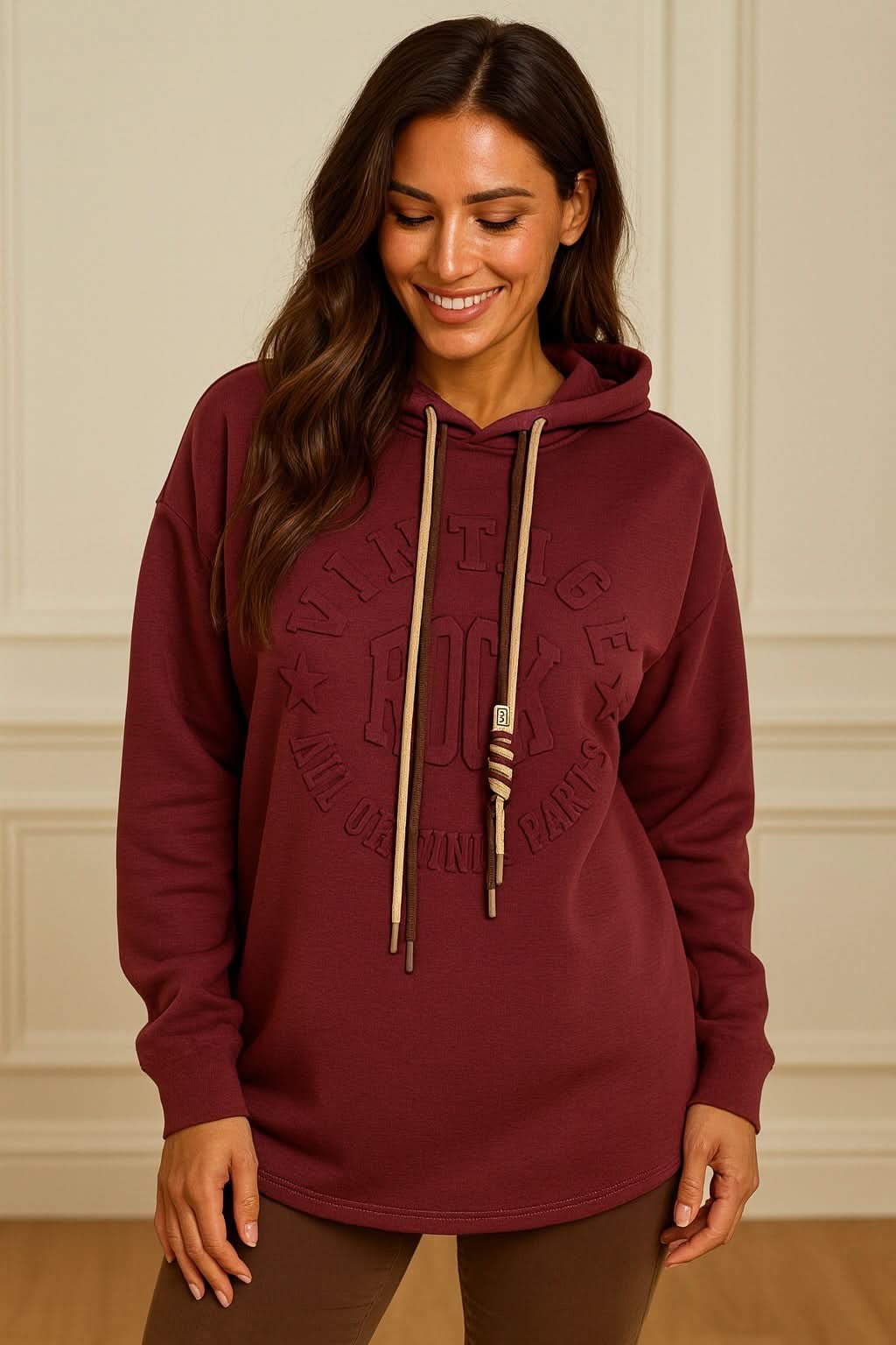 Vintage Embossed Double Drawstring Lightweight Hoodie - Wine