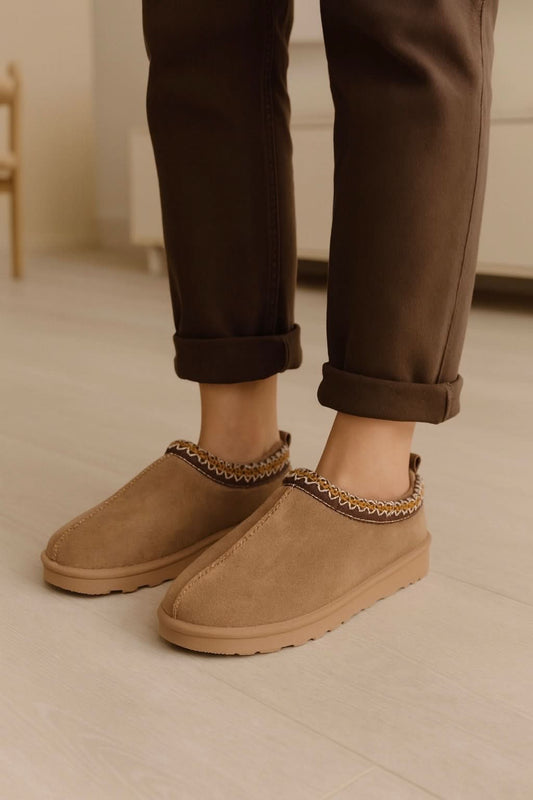 Aztec Faux-Suede Fur Lined Slipper Shoe - Mocha