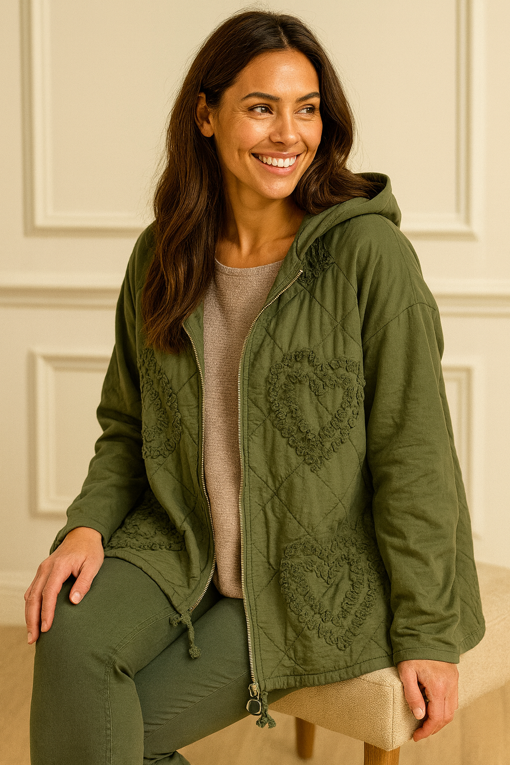 Cotton Embroidered Heart Amélie Hooded Jacket - Khaki